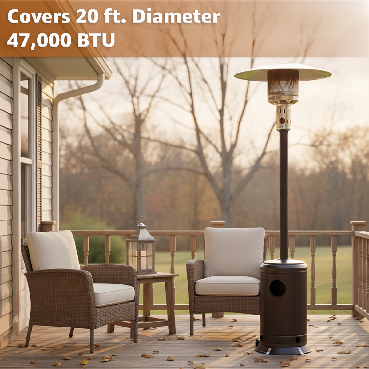 Brown Steel Propane Patio Heater 47,000 BTU – Portable Outdoor Gas Heater with Round Reflector & Stainless Steel Burner for Backyard, Restaurant, Bar, Deck, Poolside, Garden, Outdoor Events