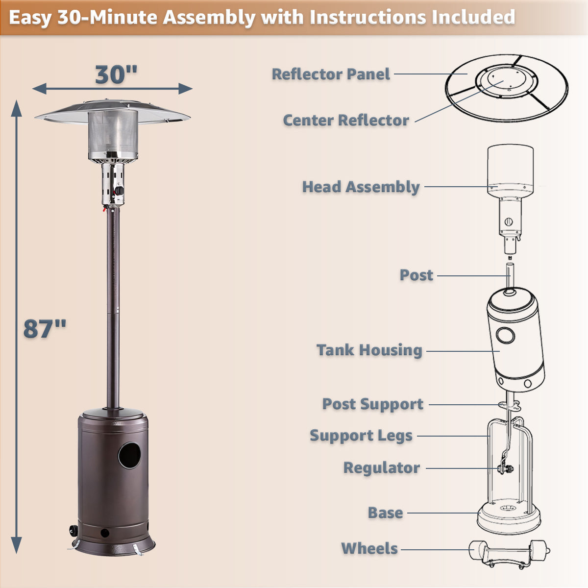 Brown Steel Propane Patio Heater 47,000 BTU – Portable Outdoor Gas Heater with Round Reflector & Stainless Steel Burner for Backyard, Restaurant, Bar, Deck, Poolside, Garden, Outdoor Events