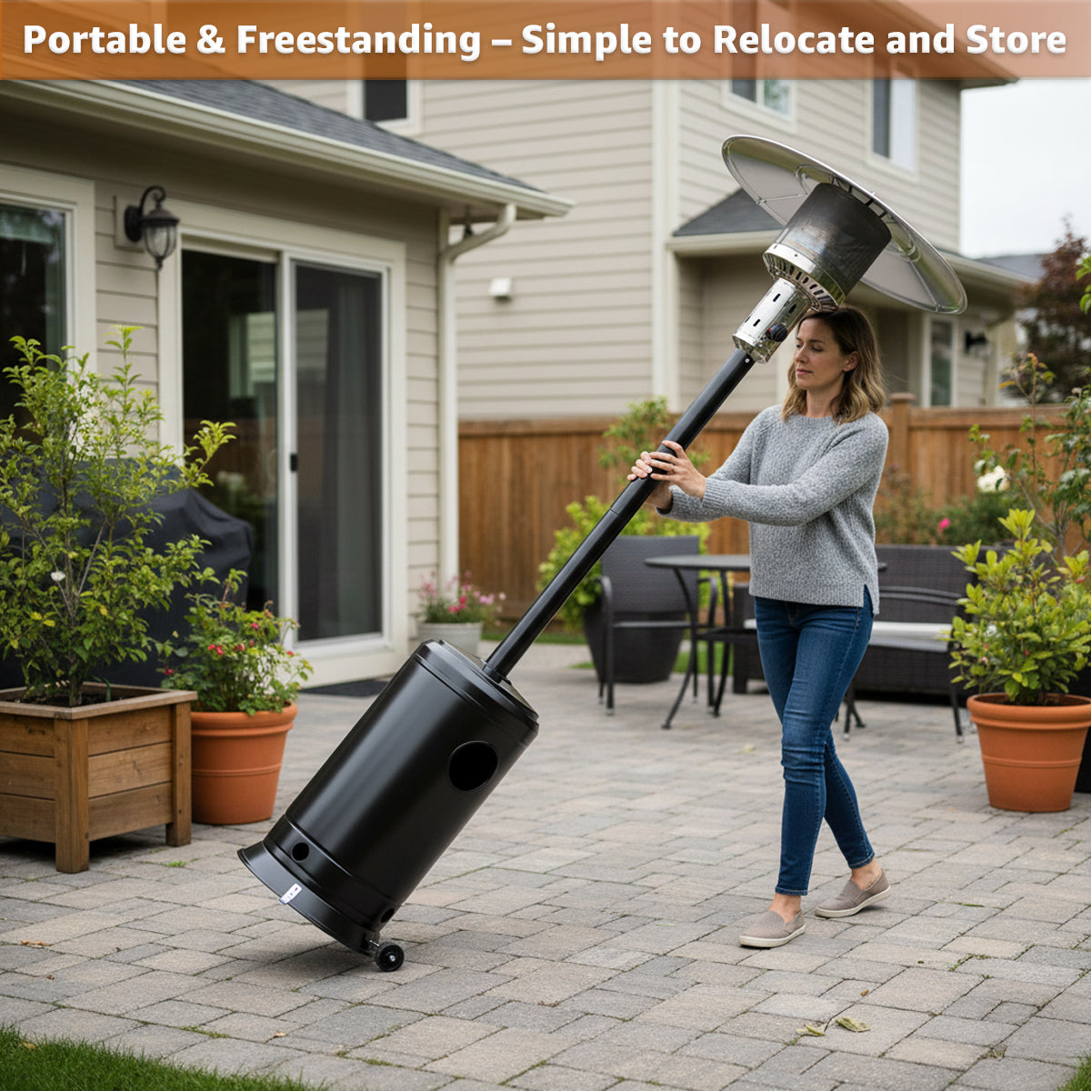 Black Steel Propane Patio Heater 47,000 BTU – Portable Outdoor Gas Heater with Round Reflector & Stainless Steel Burner for Backyard, Restaurant, Bar, Deck, Poolside, Garden, Outdoor Events