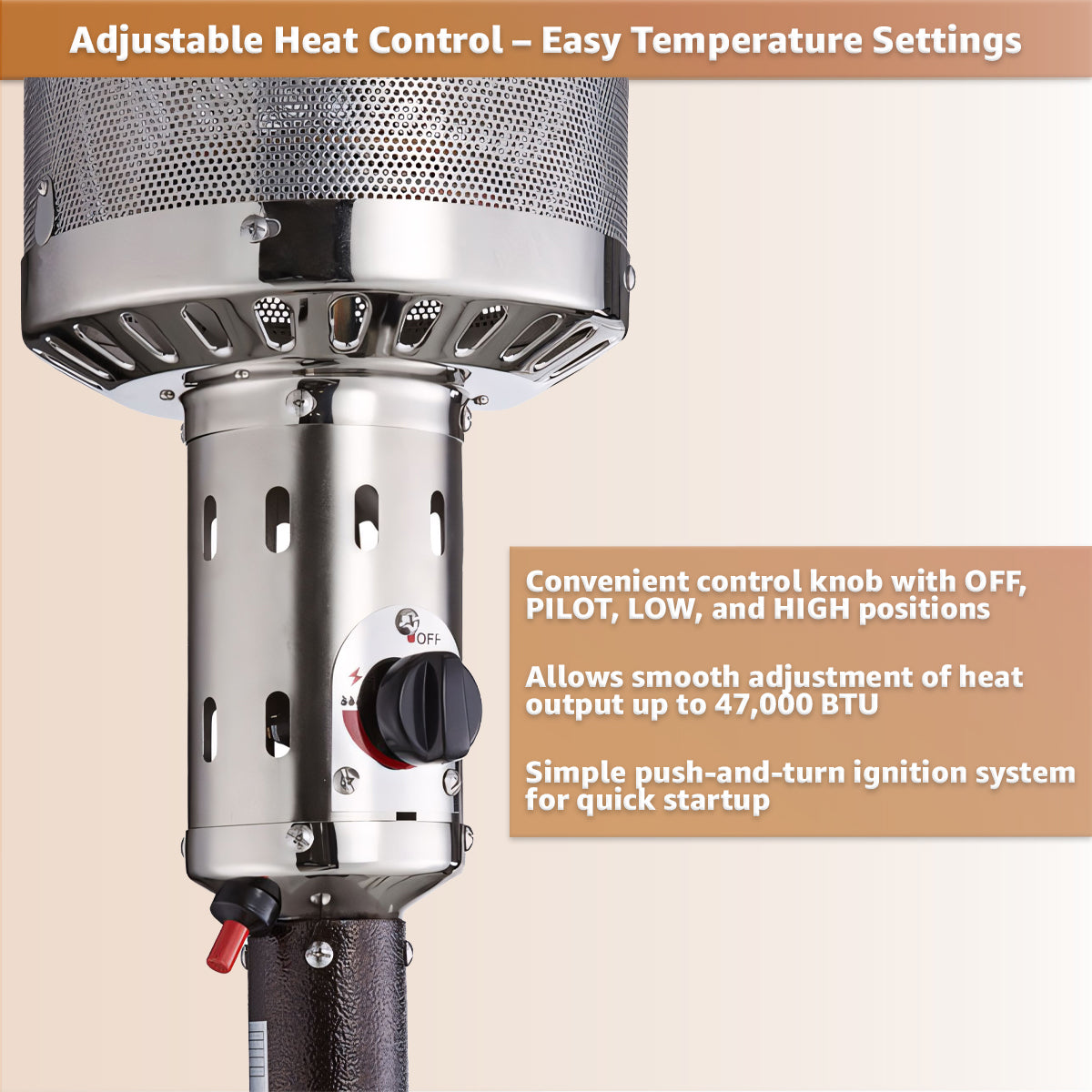 Brown Steel Propane Patio Heater 47,000 BTU – Portable Outdoor Gas Heater with Round Reflector & Stainless Steel Burner for Backyard, Restaurant, Bar, Deck, Poolside, Garden, Outdoor Events