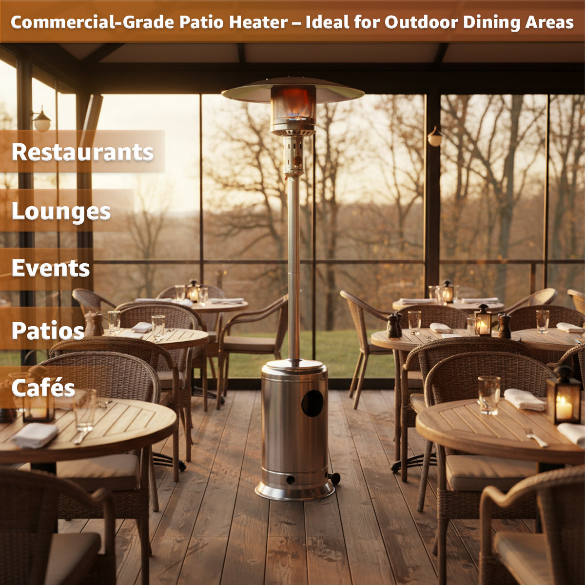 Stainless Steel Steel Propane Patio Heater 47,000 BTU – Portable Outdoor Gas Heater with Round Reflector & Stainless Steel Burner for Backyard, Restaurant, Bar, Deck, Garden, Outdoor Catering Events