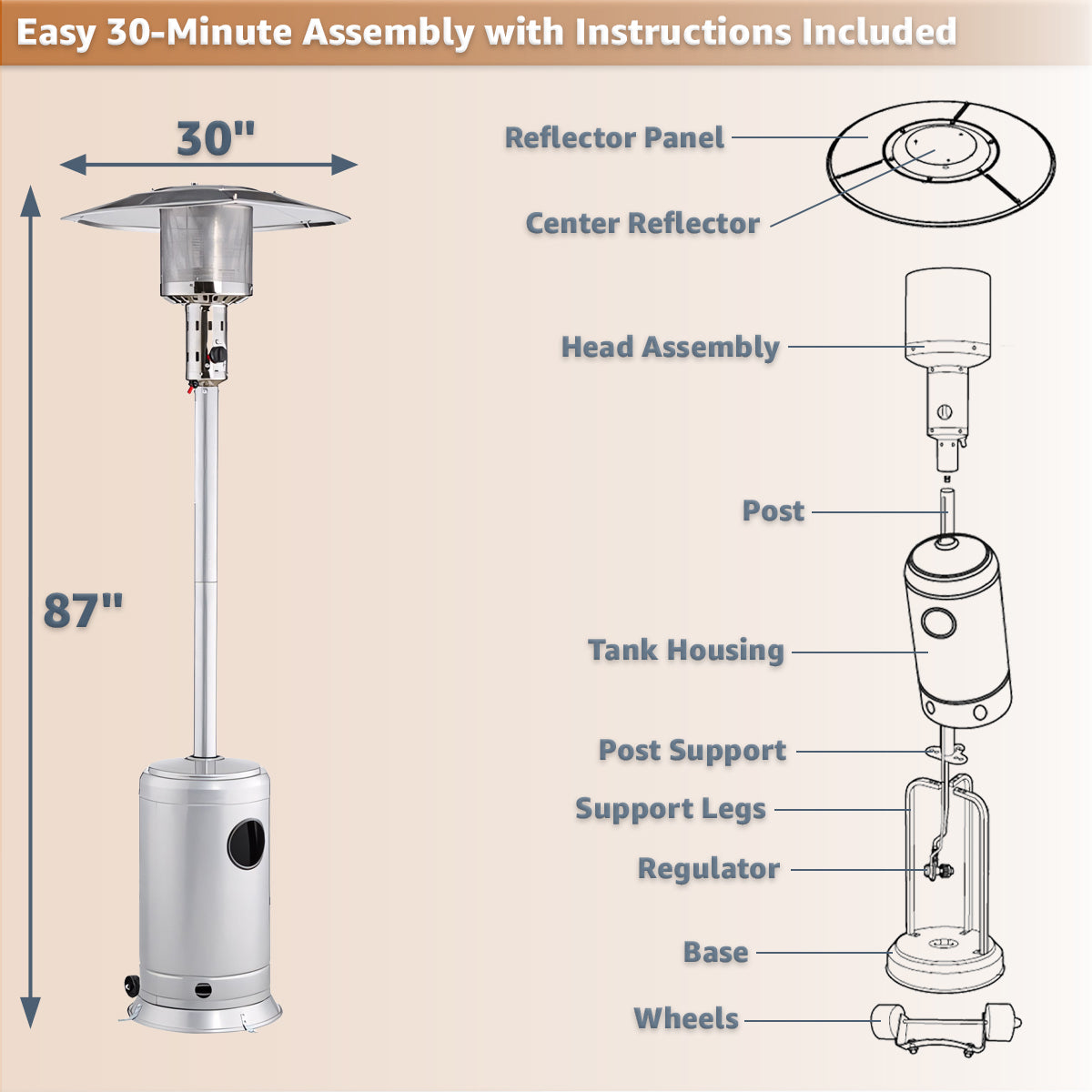 Steel Propane Patio Heater 47,000 BTU – Portable Outdoor Gas Heater with Round Reflector & Stainless Steel Burner for Backyard, Restaurant, Bar, Deck, Garden, Outdoor Catering Events