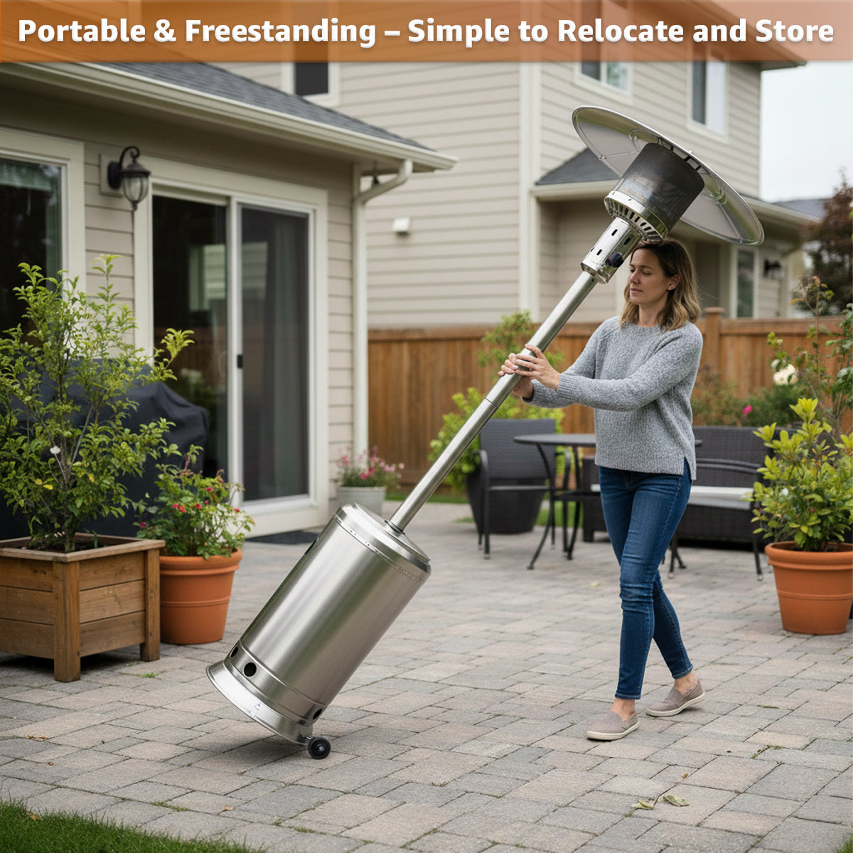 Stainless Steel Steel Propane Patio Heater 47,000 BTU – Portable Outdoor Gas Heater with Round Reflector & Stainless Steel Burner for Backyard, Restaurant, Bar, Deck, Garden, Outdoor Catering Events