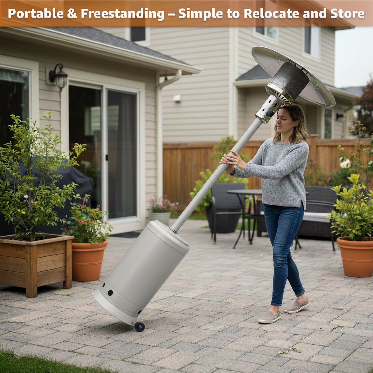 Steel Propane Patio Heater 47,000 BTU – Portable Outdoor Gas Heater with Round Reflector & Stainless Steel Burner for Backyard, Restaurant, Bar, Deck, Garden, Outdoor Catering Events