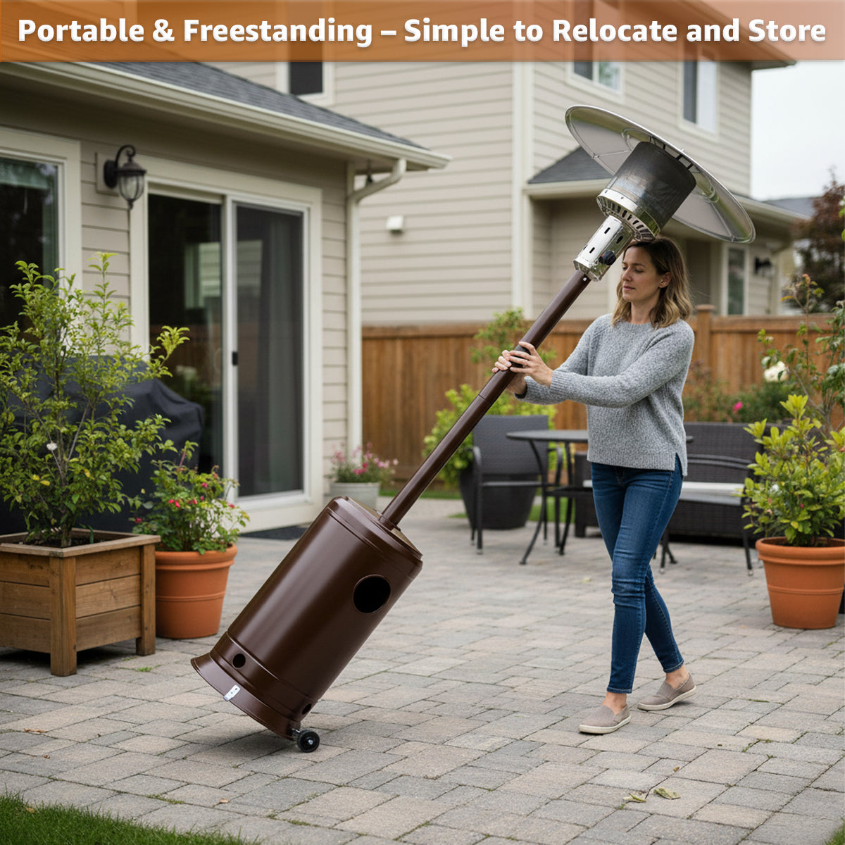 Brown Steel Propane Patio Heater 47,000 BTU – Portable Outdoor Gas Heater with Round Reflector & Stainless Steel Burner for Backyard, Restaurant, Bar, Deck, Poolside, Garden, Outdoor Events