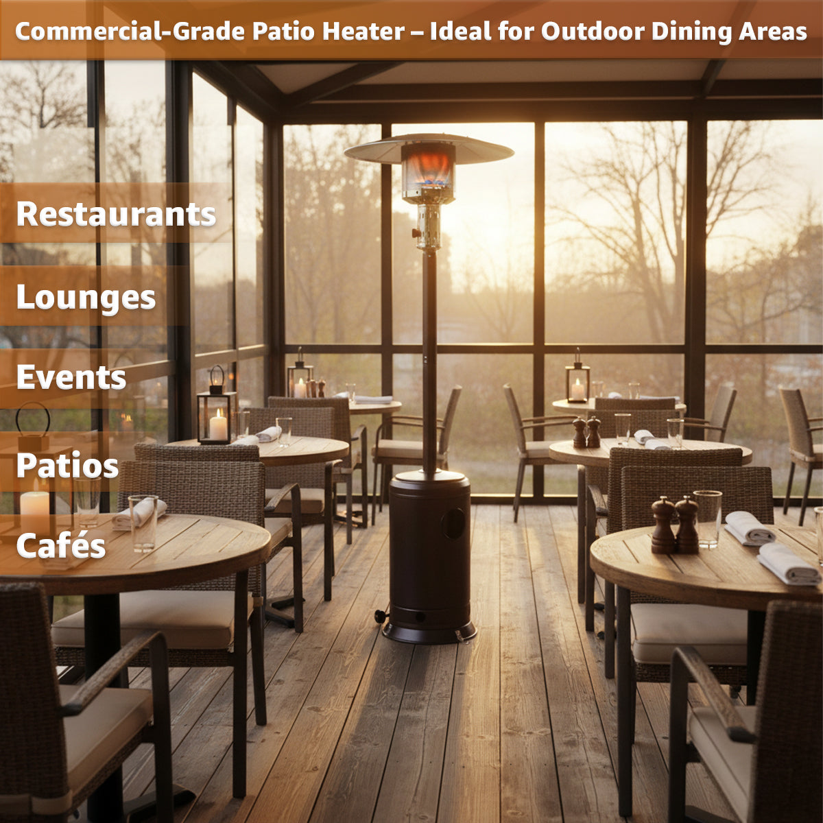 Brown Steel Propane Patio Heater 47,000 BTU – Portable Outdoor Gas Heater with Round Reflector & Stainless Steel Burner for Backyard, Restaurant, Bar, Deck, Poolside, Garden, Outdoor Events