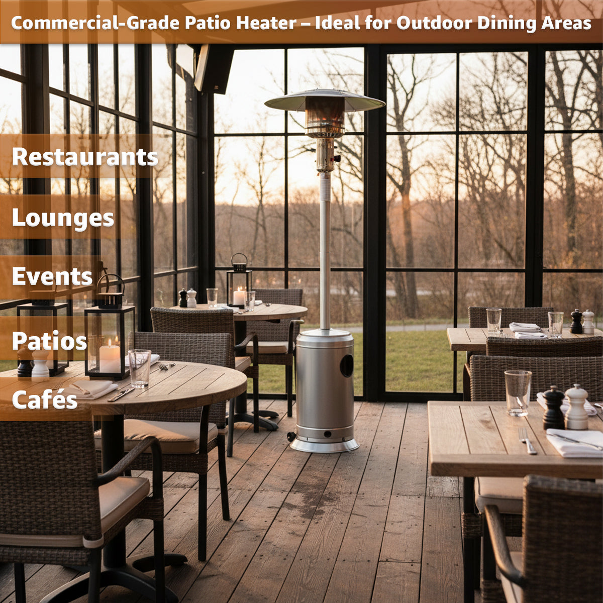 Steel Propane Patio Heater 47,000 BTU – Portable Outdoor Gas Heater with Round Reflector & Stainless Steel Burner for Backyard, Restaurant, Bar, Deck, Garden, Outdoor Catering Events